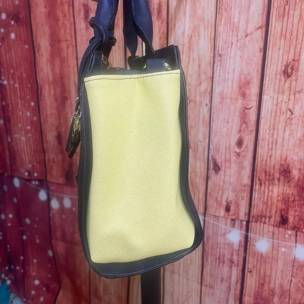 NWOT Christian Lacroix Jada Structured Satchel Crossbody Navy/Yellow Faux Leathe